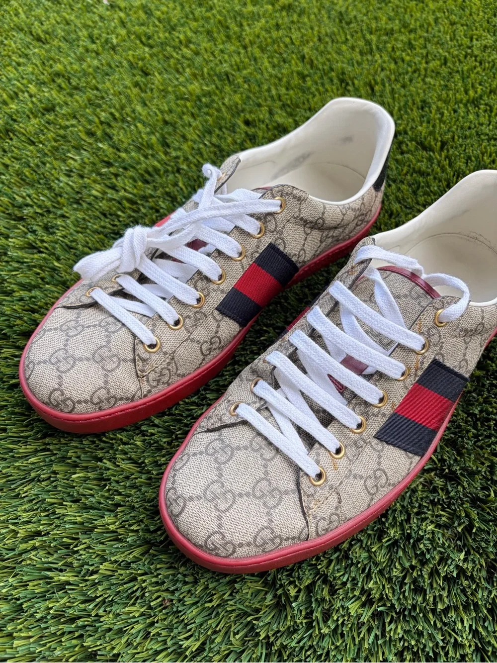 Gucci Beige GG Canvas Sneakers with Red & Navy Web Stripe